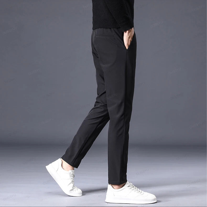 Autumn Winter Casual Pants Men Thick Business Stretch Slim Elastic Waist Jogger Outdoors Korean Classic Grey Black Trousers Male.