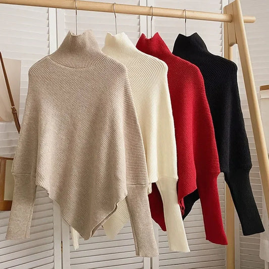 2025 Korea Herbst Winter Frauen Mode Unregelmäßigen Lose Stricken Pullover Vintage High Neck Langarm Weibliche Pullover Chic Tops
