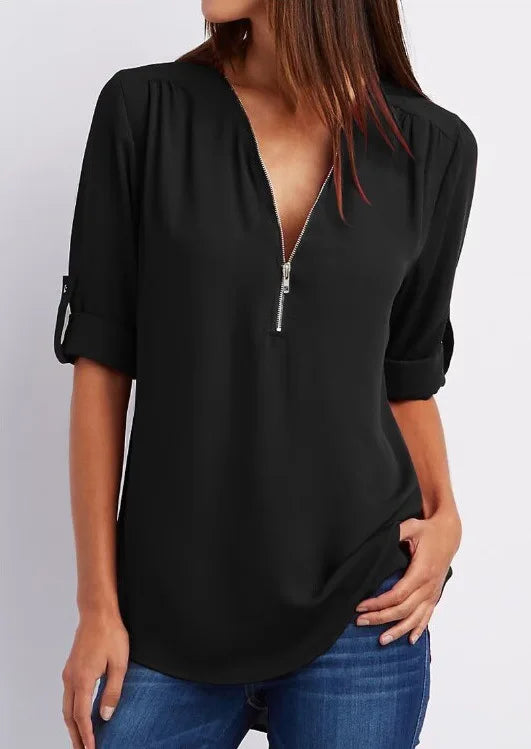 2024 Quality HotSale Plus Size Deep V Neck Women Blouse Chiffon Cool Loose Shirt Fashion Casual Ladies Tops Sexy Zipper Pullover.