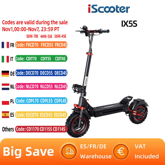 ISCOOTER IX5S Electric Scooter for Adults 1000W Motor E-Scooter 48V15AH Battery 11 Inch Off Road Tire Electric Off Road Scooter.