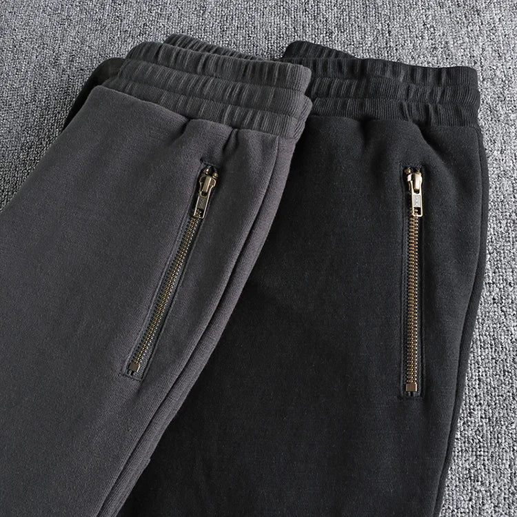 Autumn Winter American Retro Thick Sweatpants With Velvet Men's Pure Cotton Washed Heavyweight Knitted Sports Ankle-tied Pants.