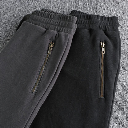 Autumn Winter American Retro Thick Sweatpants With Velvet Men's Pure Cotton Washed Heavyweight Knitted Sports Ankle-tied Pants.