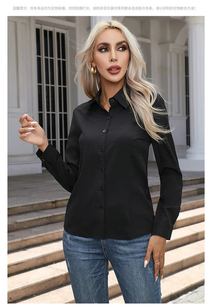 1pcs Woman Spring Autumn Solid color Shirts Lady Casual Long Sleeve Turn-down Collar Loose Shirt Female Fashion Temperament Tops.