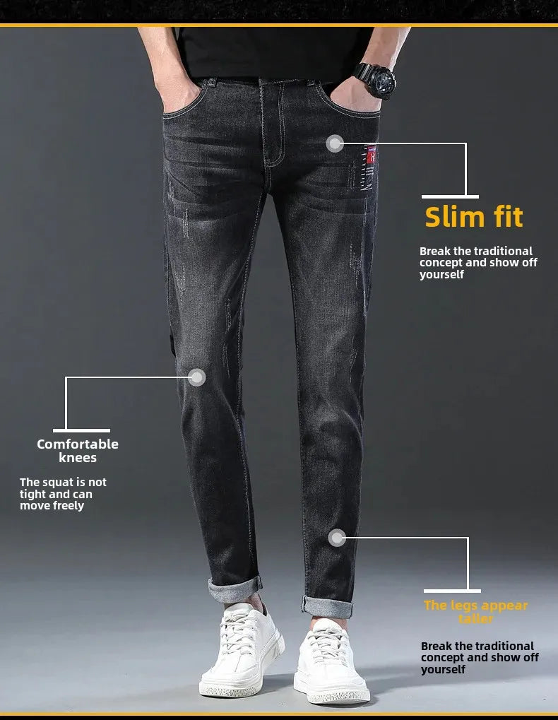 Frühling Herbst Xintang Denim Jeans Herren Slim Fit Casual Trendy Modische Alltagskleidung Blau Gerade Bein Hosen Elastische Taille
