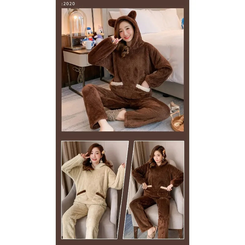 Verdickte warme Flanell Herbst und Winter Frauen Cartoon Plüsch mit Kapuze Bär Nachtwäsche Loungewear zweiteilige solide Nachtwäsche Homewe.