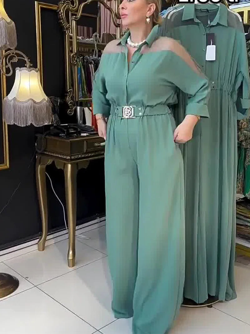 Jumpsuit Full Sleeve Turn Down Collar Office Lady Buttons The Waist Jumpsuits for Women 2024 One Piece Wide Leg Pants Rompers.