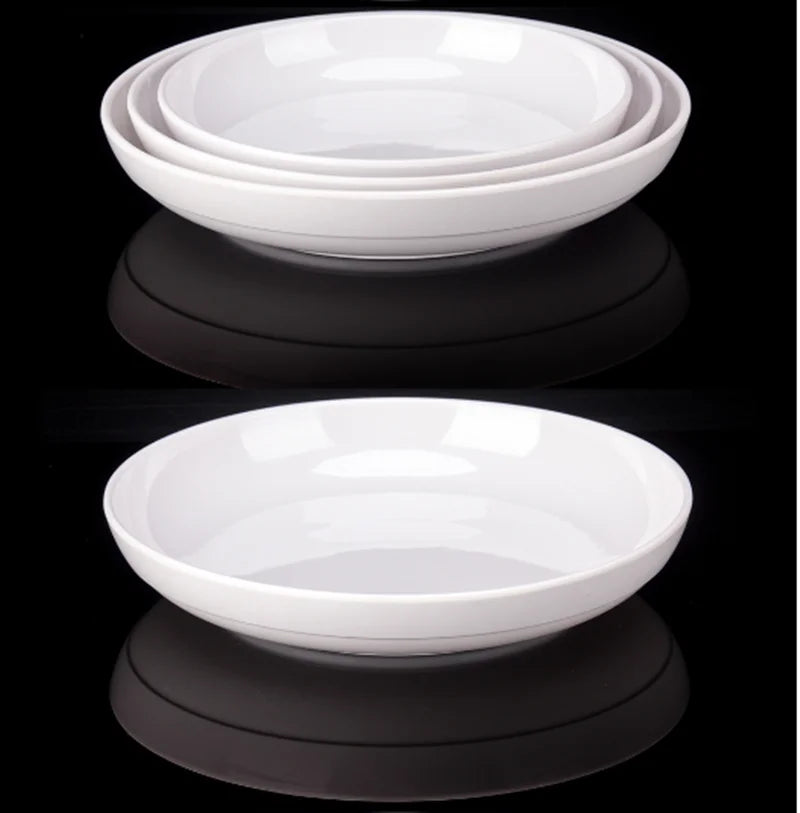 Deep Round Melamine Dinner Plates White Hotel Serving Tray Table Dishes Imitation Porcelain Dishes to Eat Kitchen Dining Sets.