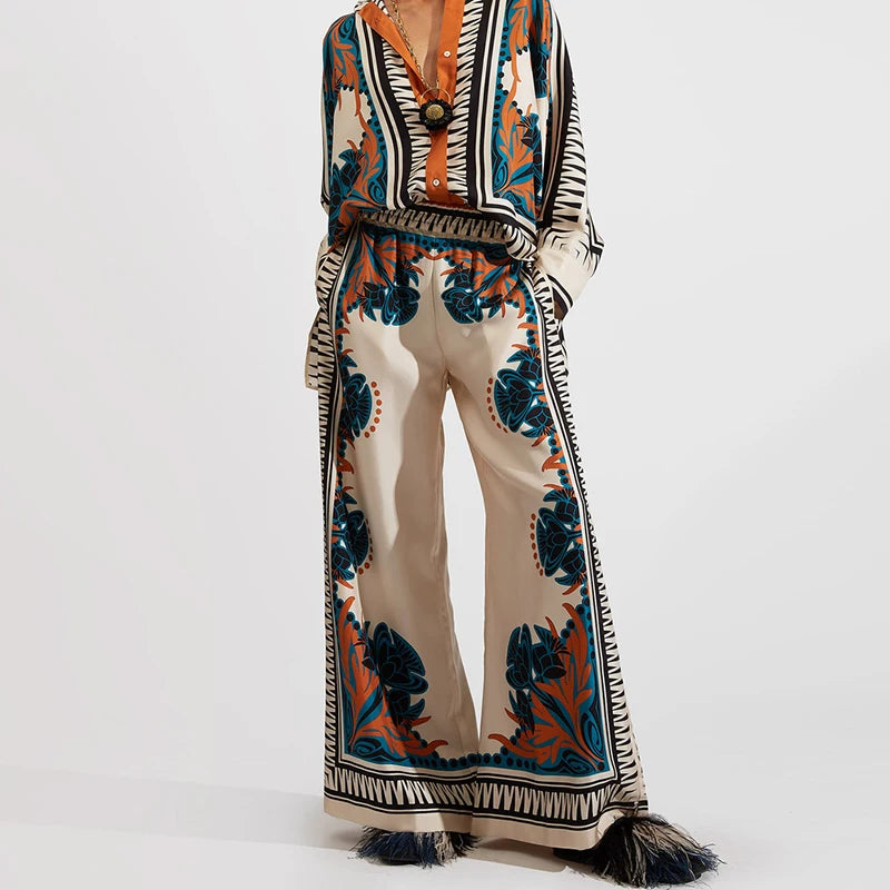 Retro Printed Loose Indie Folk Outfit Women Spring Stand Collar Button Irregular Top+Pant Set Fall Batwing Long Sleeve 2pcs Suit.