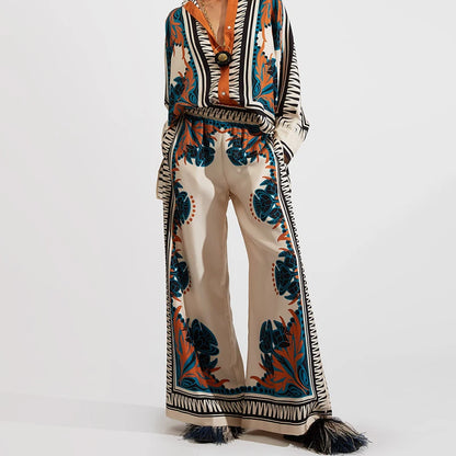 Retro Printed Loose Indie Folk Outfit Women Spring Stand Collar Button Irregular Top+Pant Set Fall Batwing Long Sleeve 2pcs Suit.