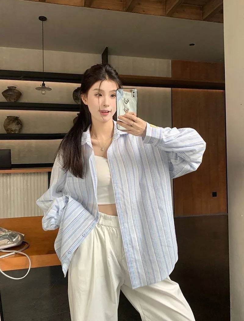 Pink Striped Shirt Women Korean Style Loose Long Sleeved Button Up Blouse Ladies Autumn New Wild Streetwear Casual Shirts 2025.