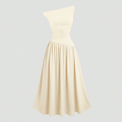 Mia Muse Kleider Sommer Französisch Einfarbig Asymmetrische Falten Ärmellose One-Shoulder Drapierte Midi Basics Kleider Für Frauen