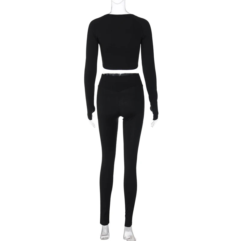 Hugcitar Pure Color Long Sleeve Crop T-Shirt Legging 2 Piece Matching Sets 2024 Spring Women Fashion Streetwear Sports Tracksuit.