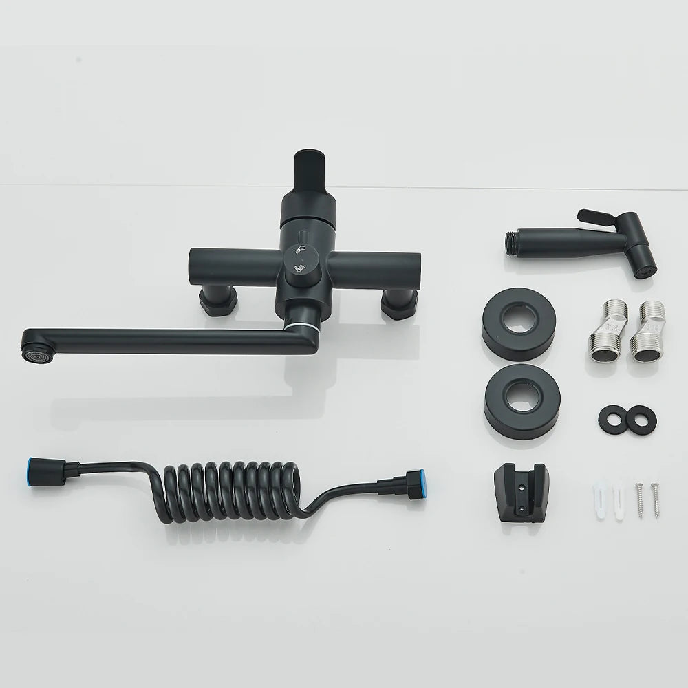 Kitchen Faucets Stainless Steel Wall Mounted Multifunctional Bathroom Basin Faucet Hot Cold  Water Mixer Taps With Spray Gun