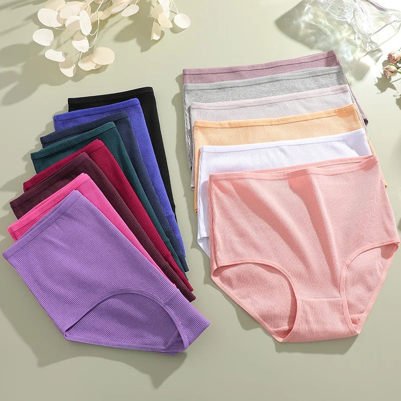7Pcs Women's Cotton Panties Solid Color Plus Size Briefs Female Mid Waist High Elastic Underwear Cozy Breathable Lingerie S-2XL.