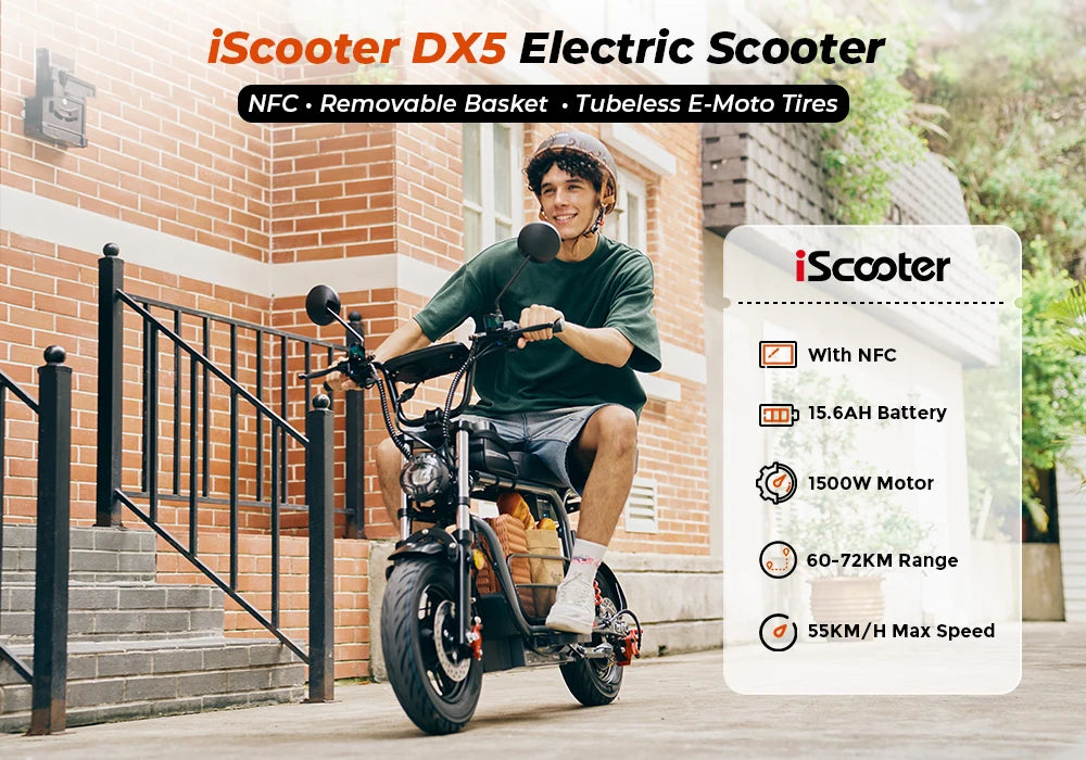 iScooter DX5 Electric Scooter With Seat and Basket 1500W 15.6Ah Scooter for Adults 72KM Range 15''Scooter with NFCs 55KM/h Speed.