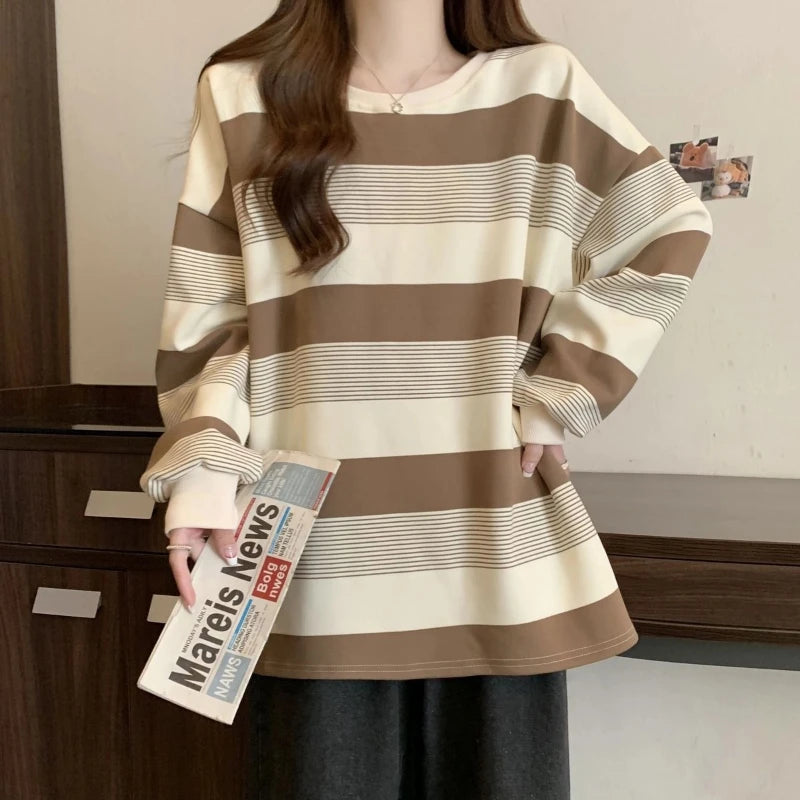 Vintage Striped Thin Hoodies Sweatshirts Spring Autumn Long Sleeve Loose Lazy Style Pullovers Top Casual Fashion Women Clothing.