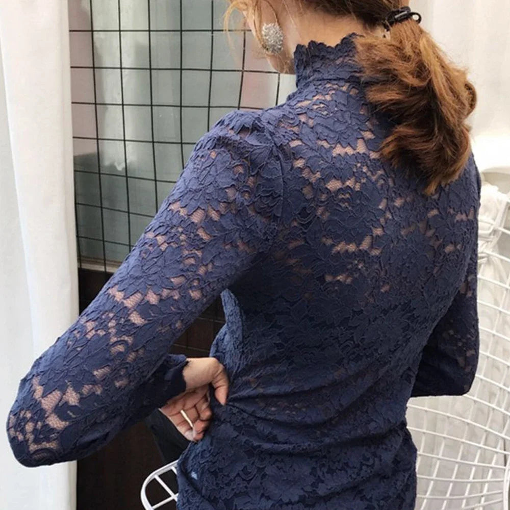 Stretch Floral Lace Petal Sleeve Shirt Women's Long Sleeved S-3XL T Shirt Ladies Perspective Blouse Tops Sexy Lace Tees Clothing.