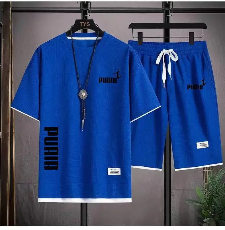 Summer 2025 Men's breathable fitness set, round-neck sports short-sleeved T-shirt + casual running shorts, 2-piece set, M-3XL.