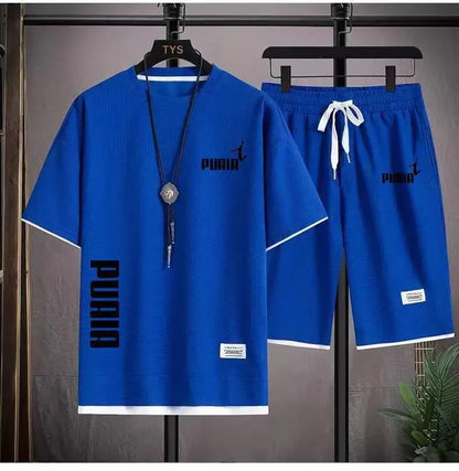 Summer 2025 Men's breathable fitness set, round-neck sports short-sleeved T-shirt + casual running shorts, 2-piece set, M-3XL.