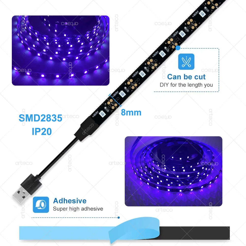USB UV LED Strip Light Glow in Dark Led Blacklight 385-400nm Ultraviolet UV Lamp For Halloween Fluorescence Party Neon Posters.