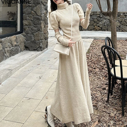 VigoAnne Spring Autumn 2025 Turtleneck Knit Woman 2 Piece Set Casual Solid High Waist Skirts Suits Korean Lady Long Dress Suit