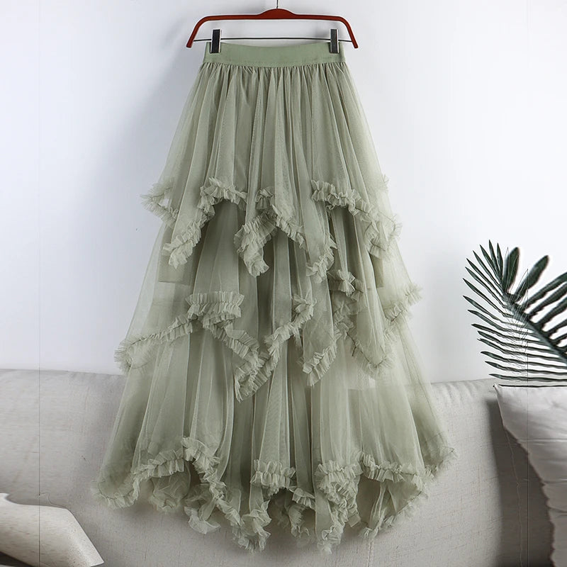 Autumn Winter New 2025 Irregular Cake Tulle Skirt Women Sweet Midi Long High Waist A Line Skirt Female Mesh Party Skirt Lady.