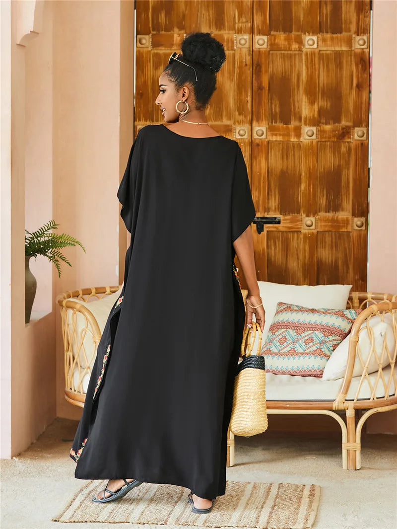 Women Embroidered Kaftan Dress Caftan Loungewear Long Bathing Suit Cover Up Beach Wear Vacation Outfit Loose Summer Women's Robe.