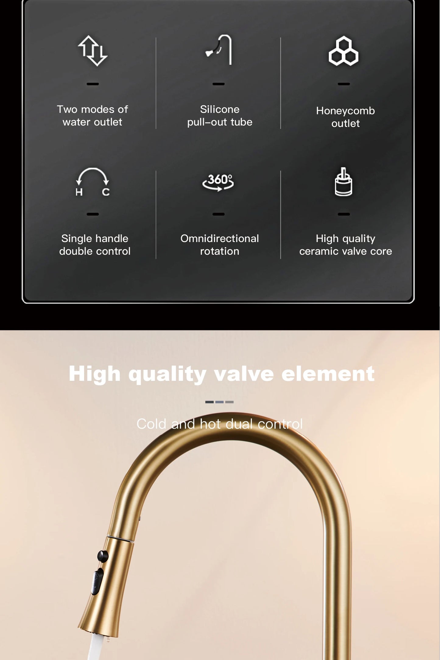 Luxury brushed gold kitchen faucet with pull-out design, 1-hole single handle cold and hot dual control dual function sink Tap