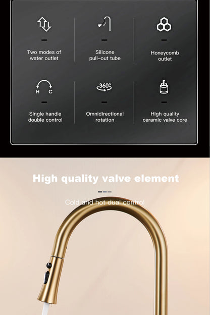 Luxury brushed gold kitchen faucet with pull-out design, 1-hole single handle cold and hot dual control dual function sink Tap