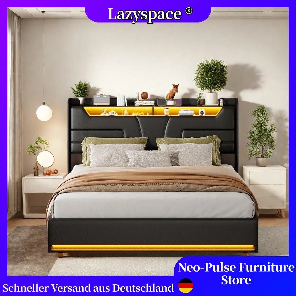 Lazyspace Schwarzes PU-Bett mit Stauraum, Kopfteil mit LED-Bettrahmen, gepolstertes Druckstangenbett mit Stauraum, Schlafzimmermöbel