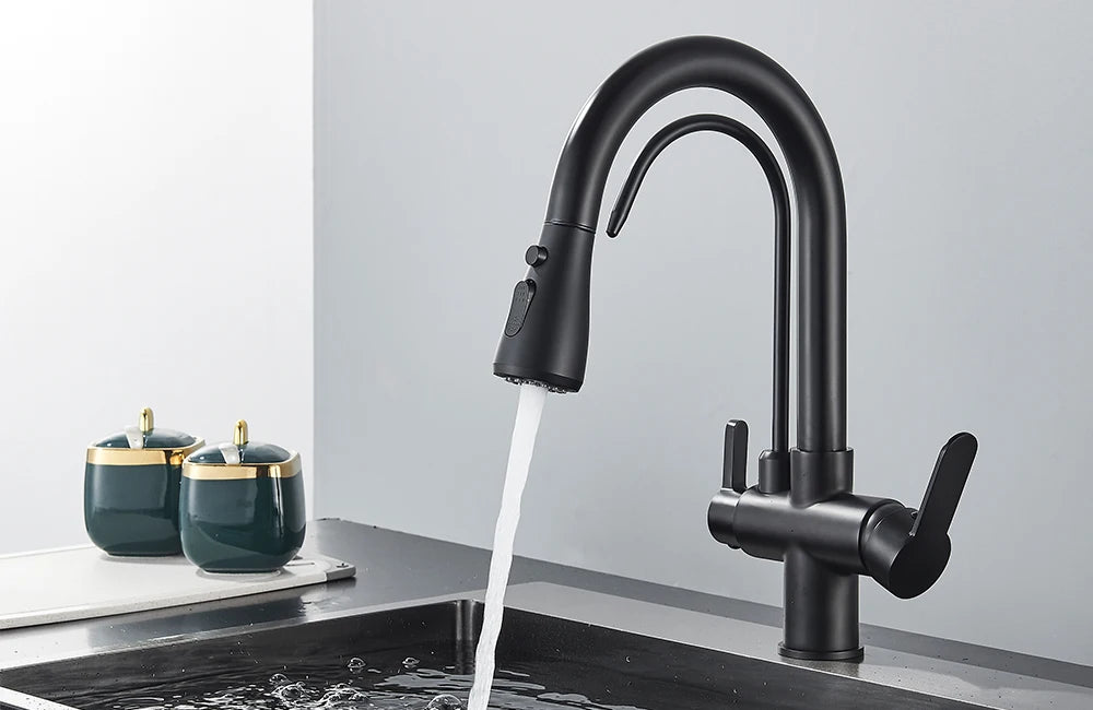 Quyanre Matte Black Filtered Crane For Kitchen Pull Out Spray 360 Rotation Water Filter Tap Three Ways Sink Mixer Kitchen Faucet