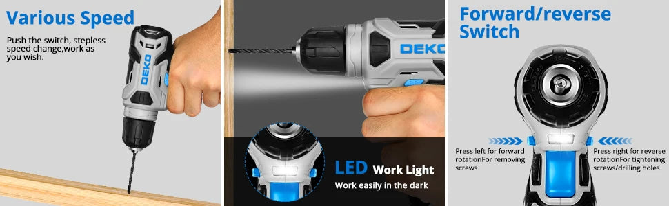 DEKO 8V Akku-Bohrschrauber-Set, 3/8 Zoll Schnellspannbohrfutter, integrierte LED, kabelloser Mini-Power-Treiber mit Schraubensatz, Elektroschrauber