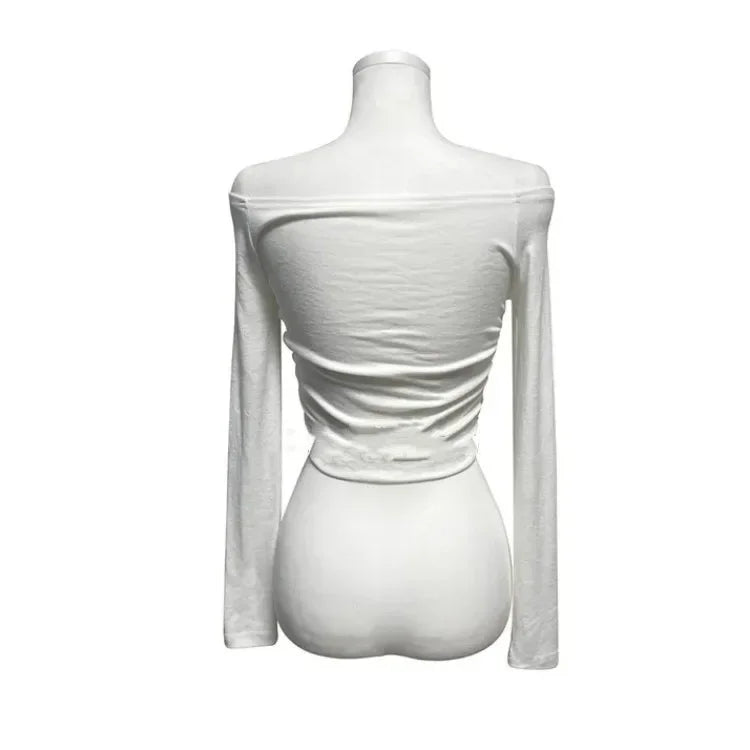 Korean Dongdaemun Fashionable Women's Clothing Off-the-shoulder Sexy Slimming Long Sleeve T-shirt Cropped Top Smooth Silhouette