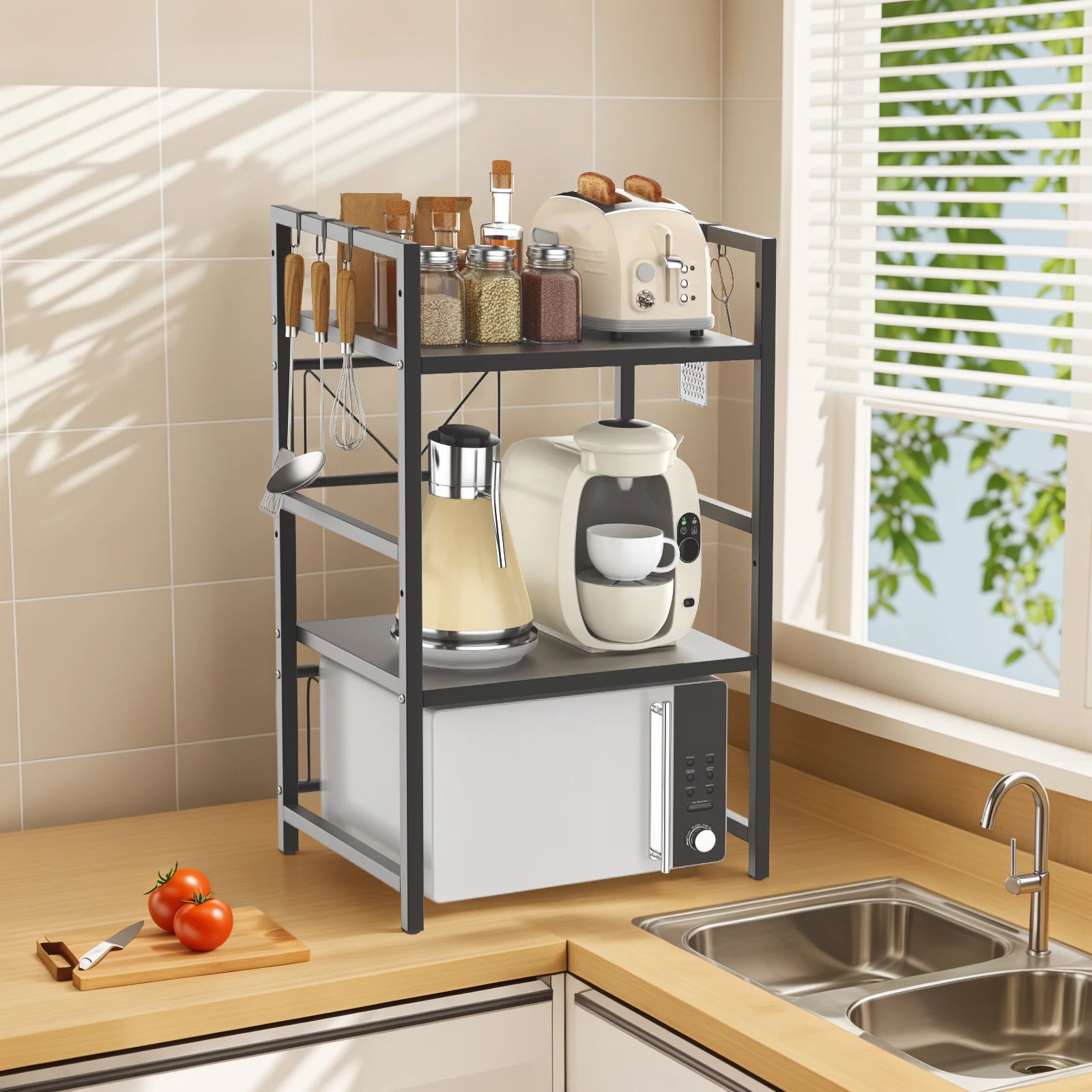 Kitchen Storage Rack Metal Condiment Organizer Shelf Expandable Microwave Shelf Height Adjustable.