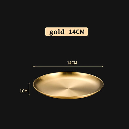 1Pcs Gold Stainless Steels Metal Round Plate Rust-Proof Shallow Tray Plate Camping Plate BBQ Picnic Dishes Cookware Tableware