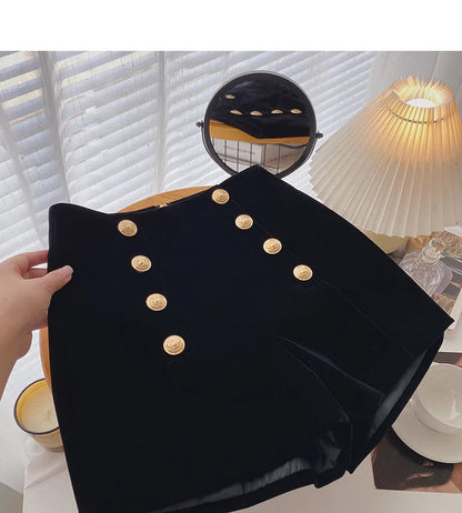 Velvet Black High Waist Slim Shorts Thicked Women's Winter New Korean Fashion Double-breasted Wide Leg Short Pants.