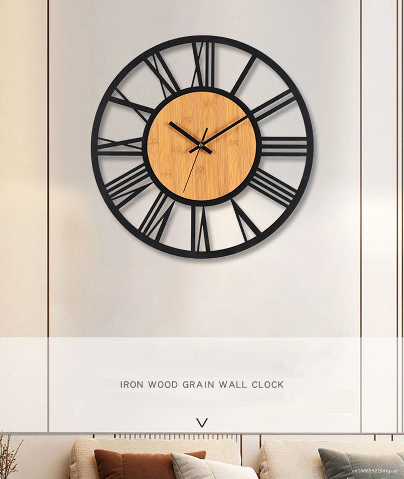 3D Große Wanduhren Nordic Römischen Ziffern Retro Runde Holz Metall Eisen Genaue Stille Hängende Ornament Wohnzimmer Dekoration