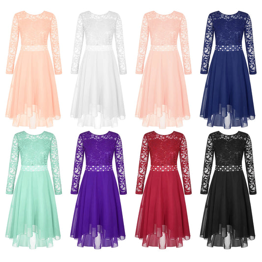 Elegantes Spitzen-Partykleid für Kinder, Mädchen, Chiffon, Spleißen, langärmelig, Kleid mit hohem und niedrigem Saum und Strass-Schärpe für Hochzeit, Geburtstag