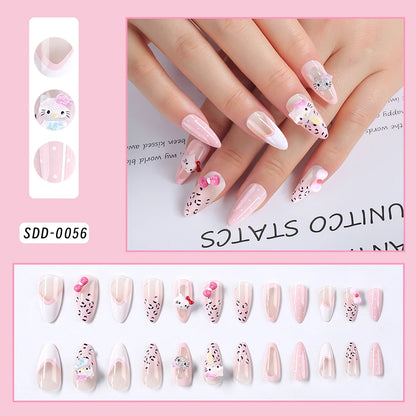 24Pcs Long Square Pink Hello Kitty False Nails French Wearable Full Cover Fake Nails Kitty Cat Bow Heart Design Press On Nails