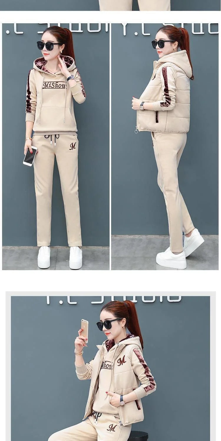 2024 Autumn Winter New Women's Casual Sweat Suit Fashion Plush Thickened Hooded Tops Waistcoat Pants 3 Three Piece Set For Women.