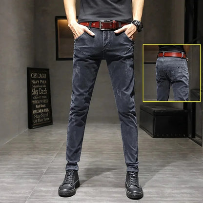 Slim Fit Men's Jeans Casual Elastic Korean Style Autumn Grey Trendy Long Pants Versatile Slim Legged Casual Trousers