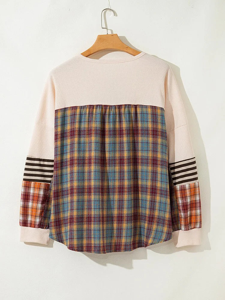 GIBSIE Plus Größe Taste Vorne Oansatz Plaid Sweatshirt Frauen Herbst 2025, Neue Tropfen Lange Hülse Lose Beiläufige Pullover Tops.