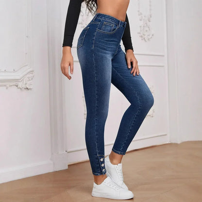 New 2025 Women's Slim Fit Elastic Jeans Nine-Piece Buttoned Bootcut Denim Pants Mid Waist Small Foot/Pencil Jeans.