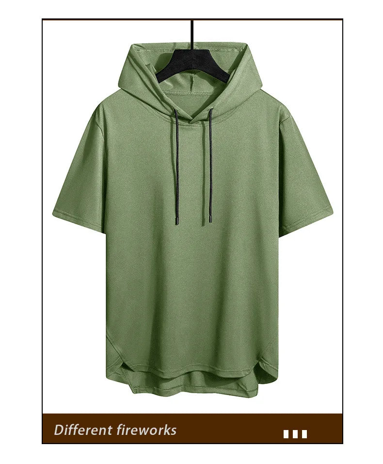 2025 Men's Summer Hoodies T-shirts Short Sleeve Solid Color Loose Hooded Drawstring Pullover Tops Basic Tees for Daily Wear Male.
