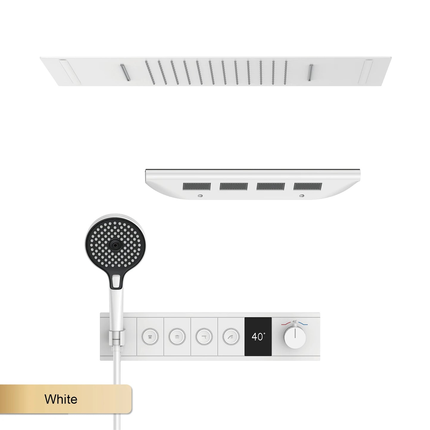 Deckenmontiertes thermostatisches LED-Digitalanzeige-Duschsystem. Eingebetteter Badmischer aus Messing im Wasserfallstil für heißes und kaltes Wasser