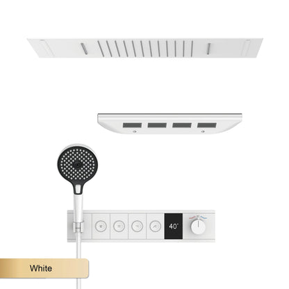 Deckenmontiertes thermostatisches LED-Digitalanzeige-Duschsystem. Eingebetteter Badmischer aus Messing im Wasserfallstil für heißes und kaltes Wasser