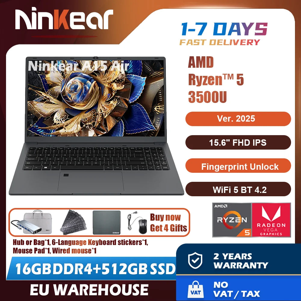 Ninkear A15 Air 2025 Laptop 15.6 Inch FHD IPS Screen AMD Ryzen™ 5 3500U 16GB DDR4 3200 MHz+512GB NVME SSD 180° Opening and Closing WiFi 5 BT 4.2 0.3s Fingerprint Unlock Tested ＆ Proven High Quality PC Notebook  Power You.