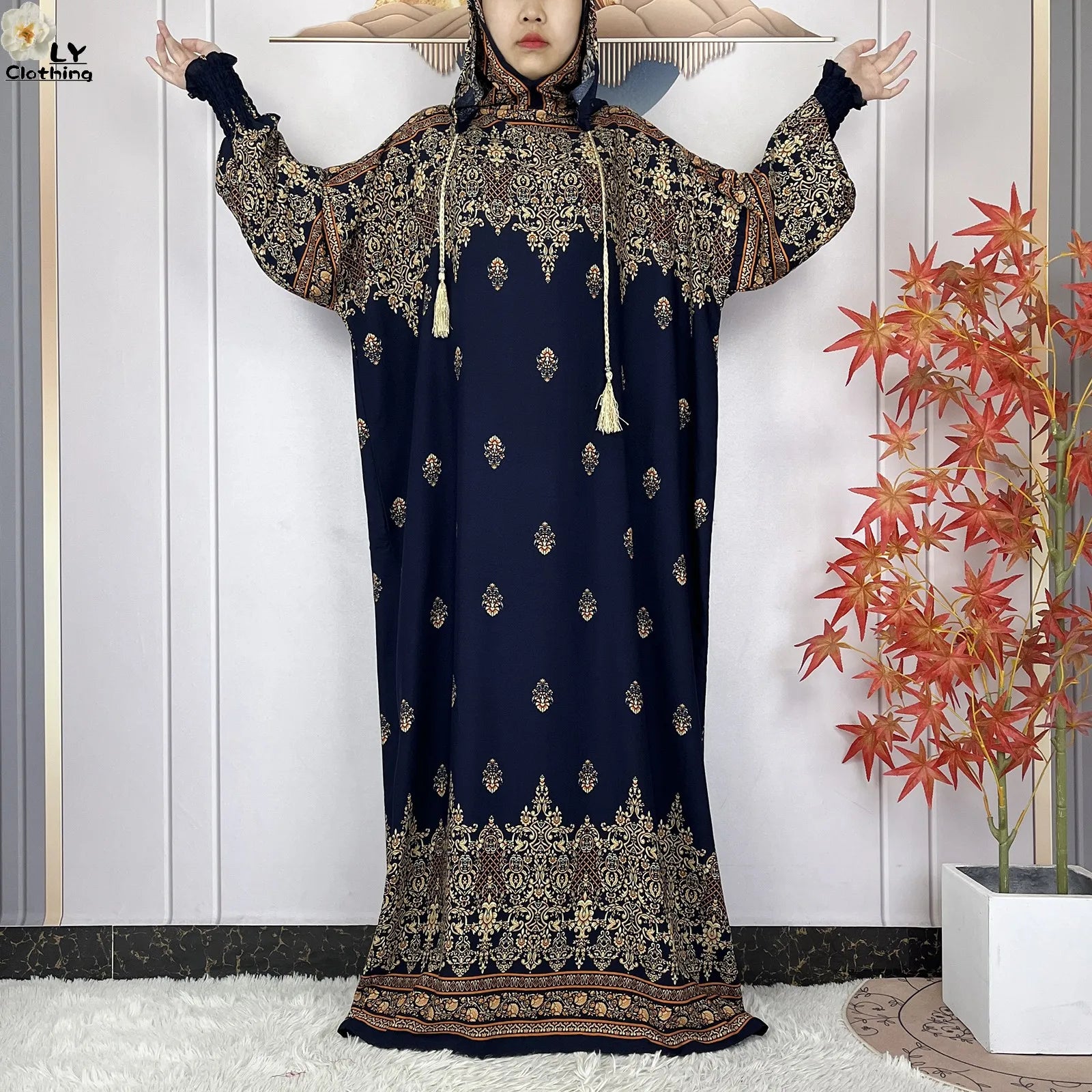 2025 Women Long Sleeves Dress Cotton Ramadan Abaya with Two Hats Muslim Women's Kaftan Dress Dubai Turkey Islam Prayer Clothing.