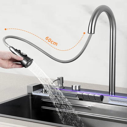 Kitchen Basin Stainless Steel Waterfall Sink Large Single Slot Integrated Digital Display Faucet Set Soap Dispenser Cup Washer