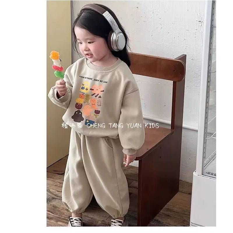 Baby Cute Sets Girls Sports Printing Sweater Sweatpants Suit Autumn New Children's Round Neck Casual Fashion Thin Two-Piece 2-8Y.